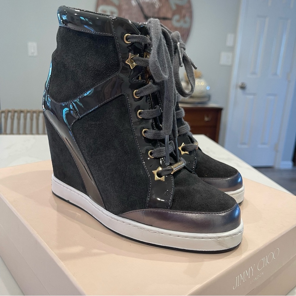 🎉HOST PICK🎉Jimmy Choo grey suede & pattern leather wedge Panama sneaker in box - Picture 1 of 16